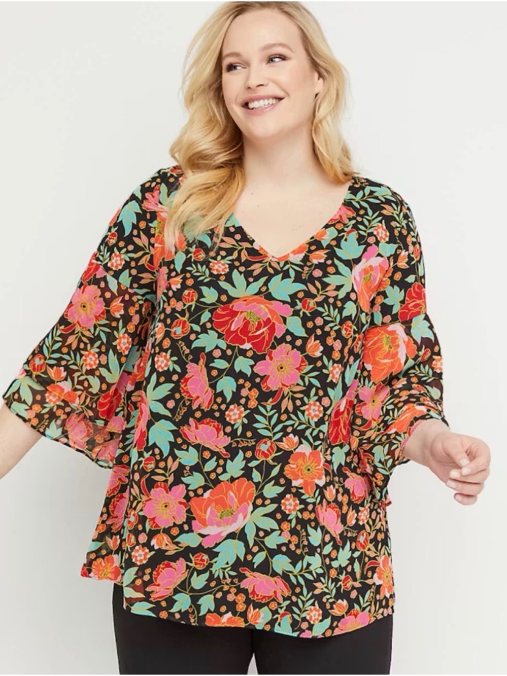 Lane Bryant Floral Blouse Womens 14/16 Black Pink Orange Plus Size Lined Top